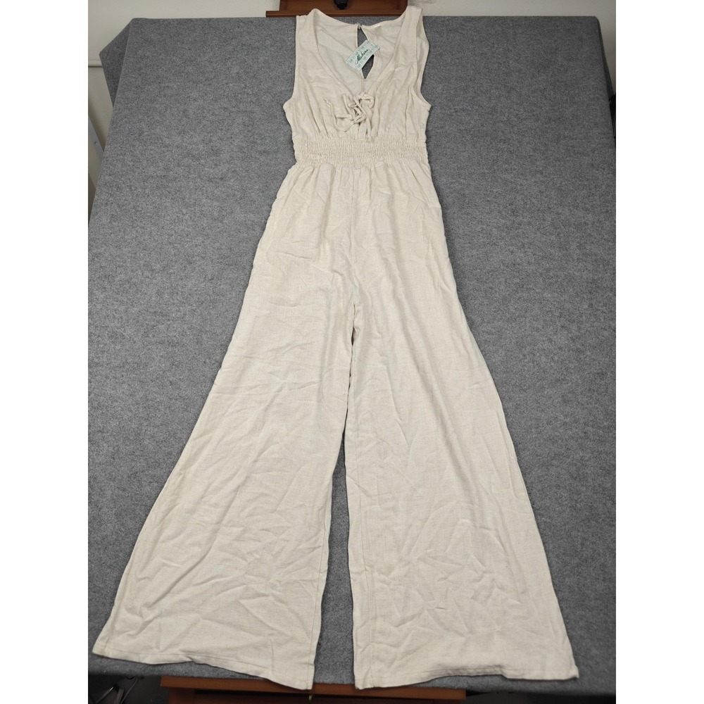 Mahina Jumpsuit Womens Large Beige Rayon Linen Front Tie Smocked Waist Wide Leg